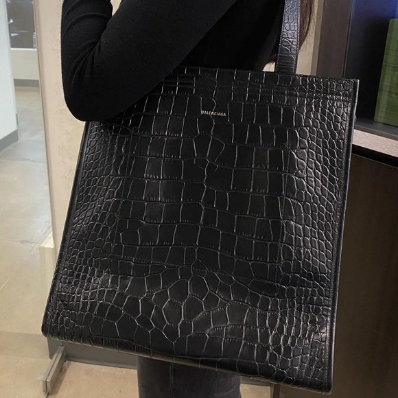 Balenciaga Bazar Black Crocodile Leather Ladies Medium Shopper Tote Bag - Picture 1 of 8